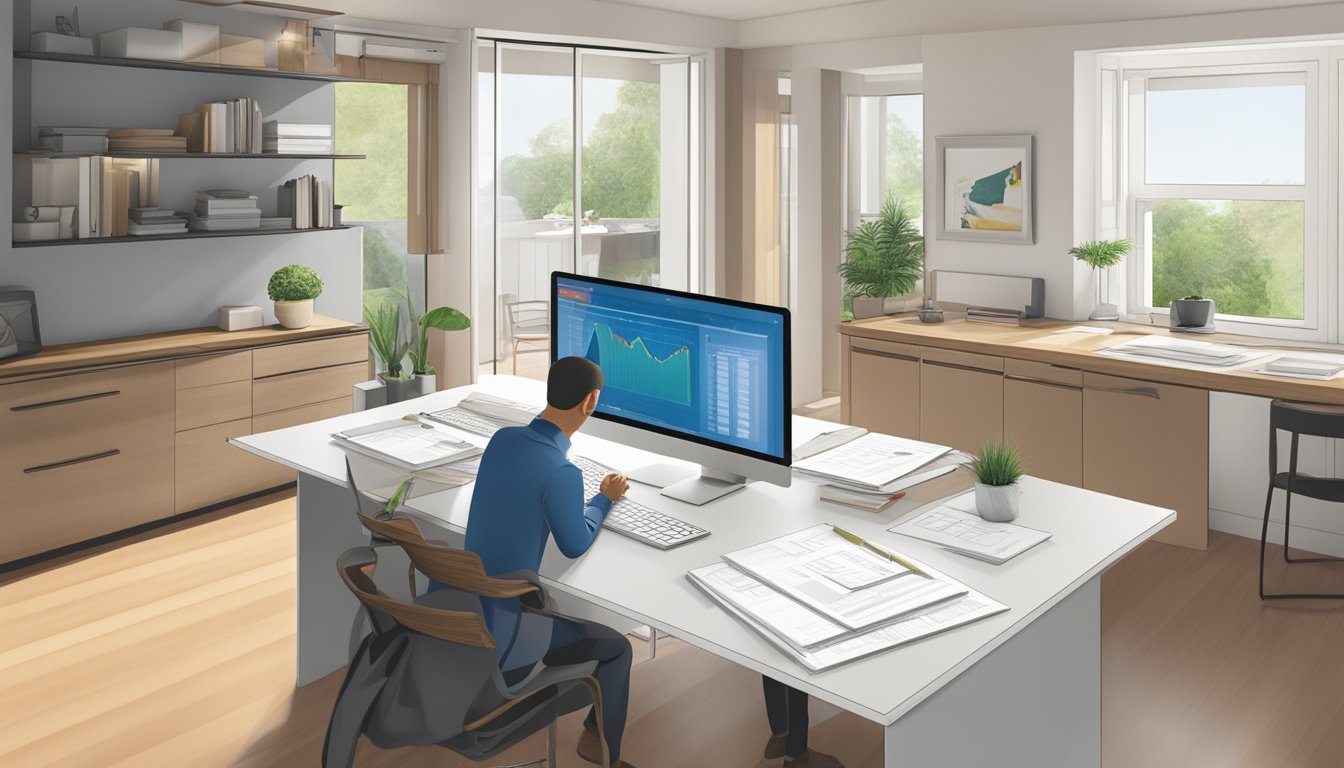 A homeowner reviews CIMB Renovation-i financing loan terms on a computer, surrounded by renovation plans and documents