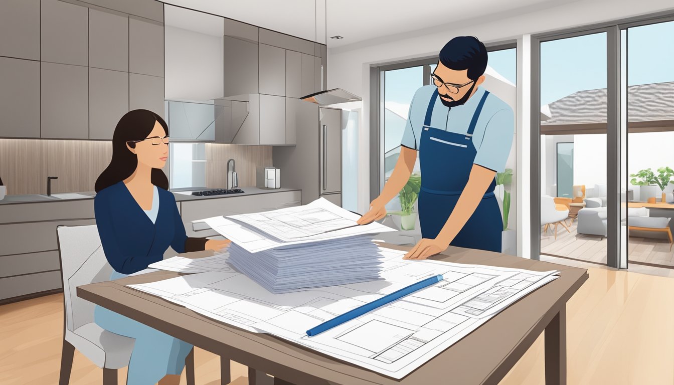 A couple discussing CIMB Renovation-i financing options at a modern home renovation showroom. Blueprints and loan documents spread out on a sleek table