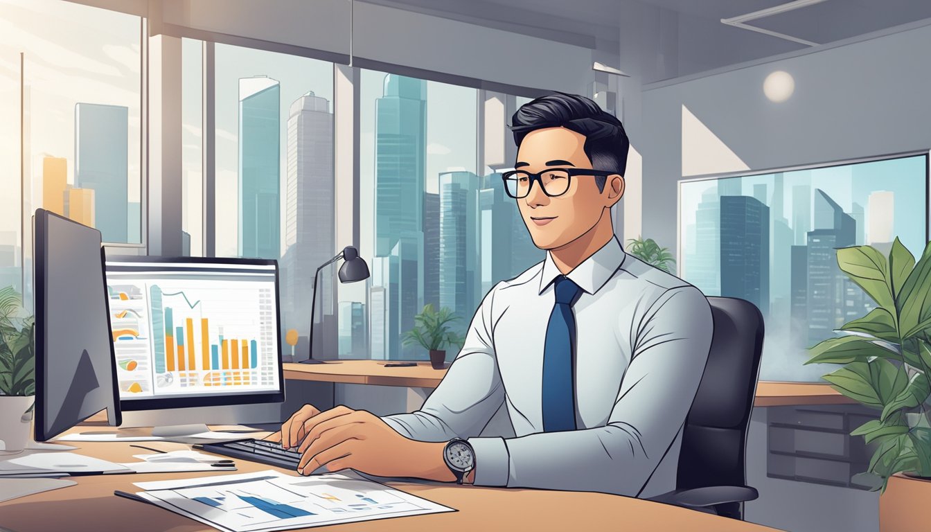 A sales representative in Singapore earns a competitive salary, with potential for career growth. The scene could depict a professional in a modern office setting, surrounded by charts and graphs, showcasing their success and progression in the sales industry