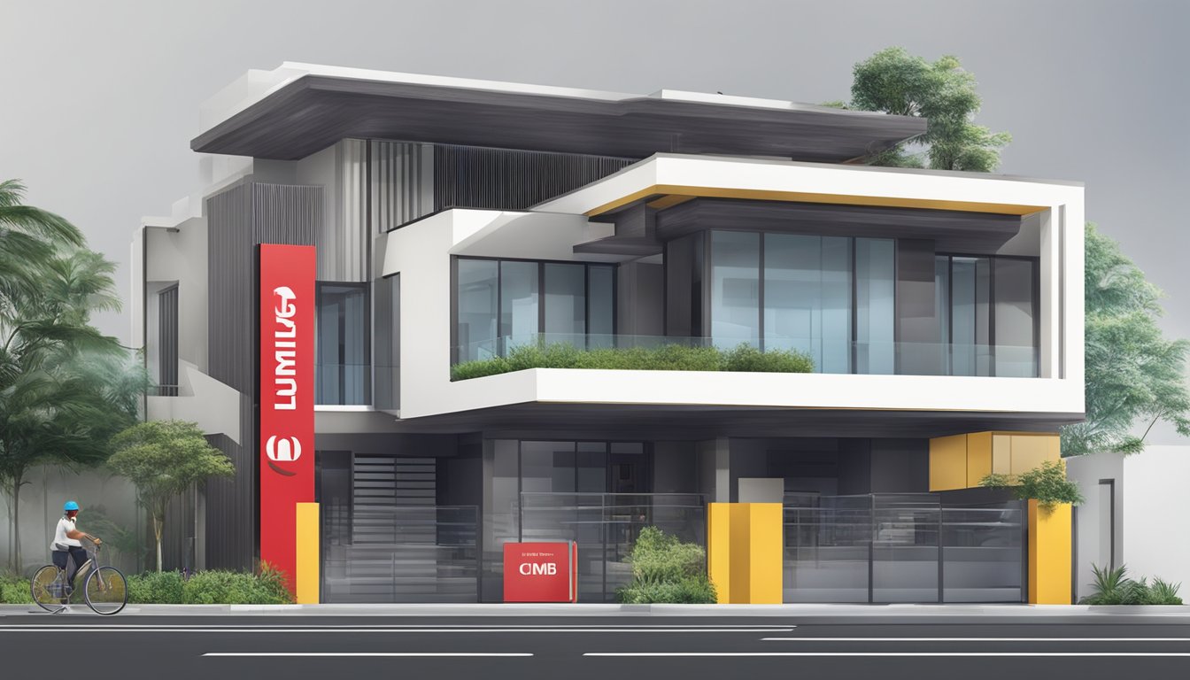 A modern house under renovation with CIMB Renovation-i loan signage displayed prominently