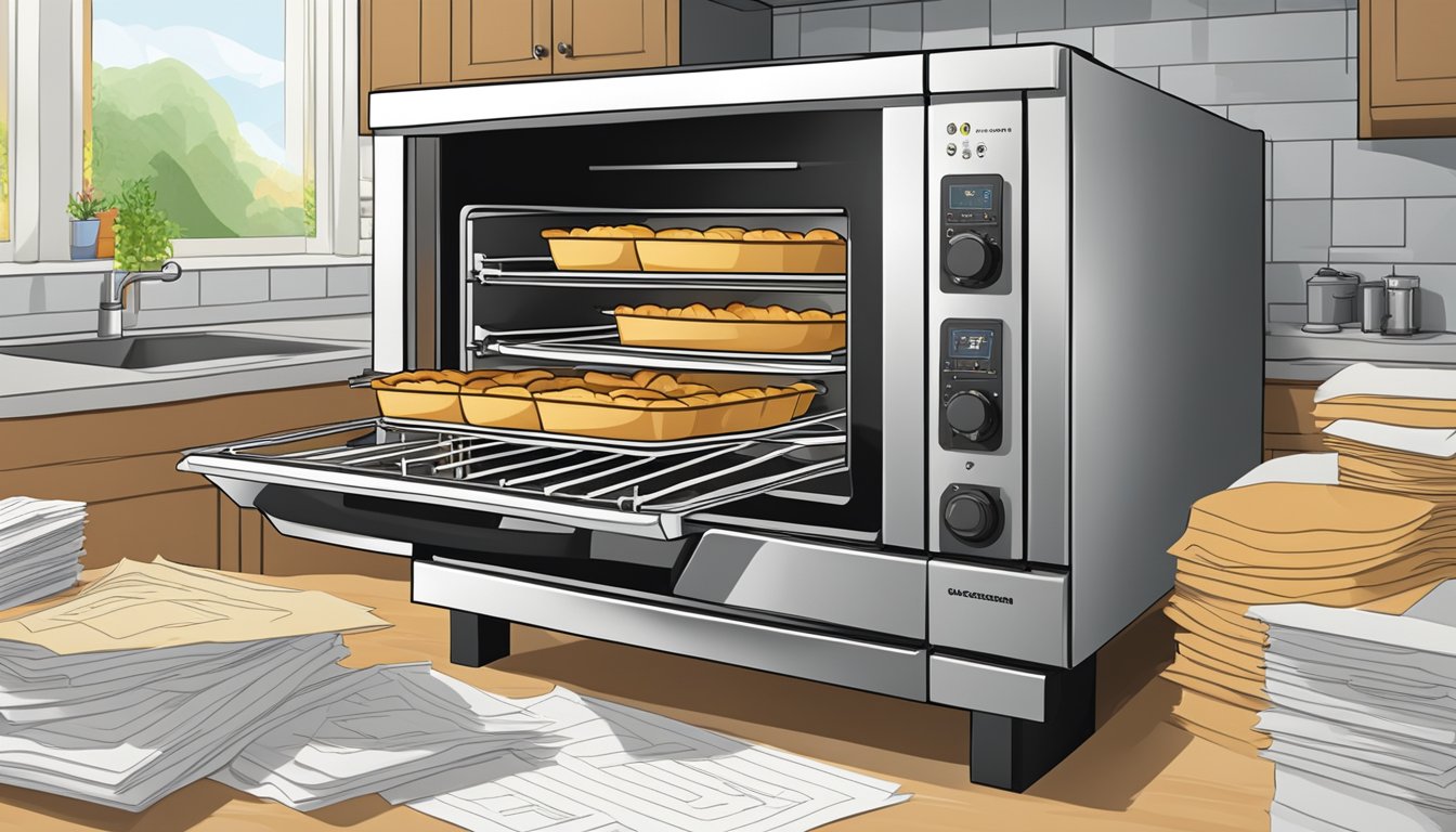 A stainless steel convection oven surrounded by a stack of frequently asked questions printed on paper