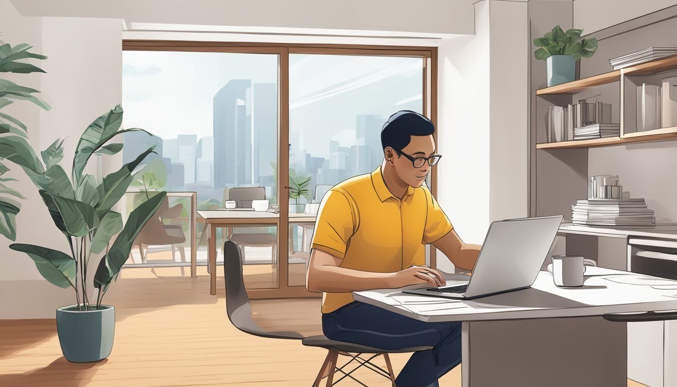 A homeowner reviews CIMB Renovation-i loan details online, with a laptop and documents on a desk