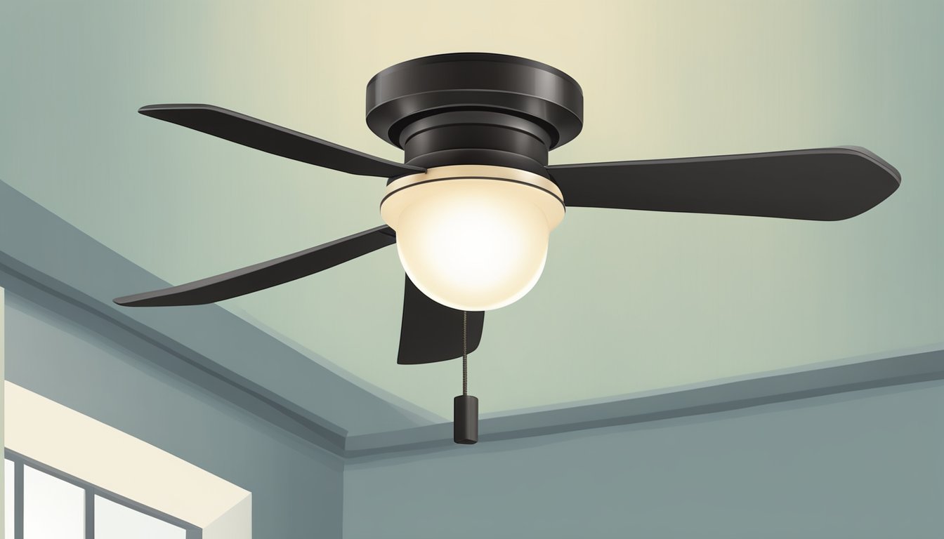 A small ceiling fan with a light attached, hanging from the center of a room