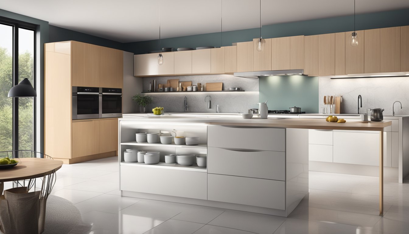 Modern kitchen cabinets in sleek, glossy material. Clean lines, minimalistic design. Bright, open space with natural light
