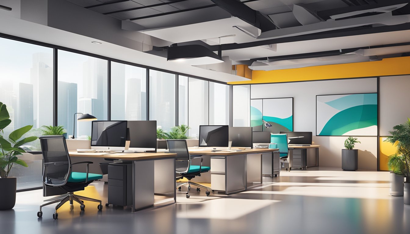 A modern office space with sleek furniture and a vibrant color scheme, showcasing the efficiency and professionalism of CIMB Renovation-i Financing Loan in Singapore
