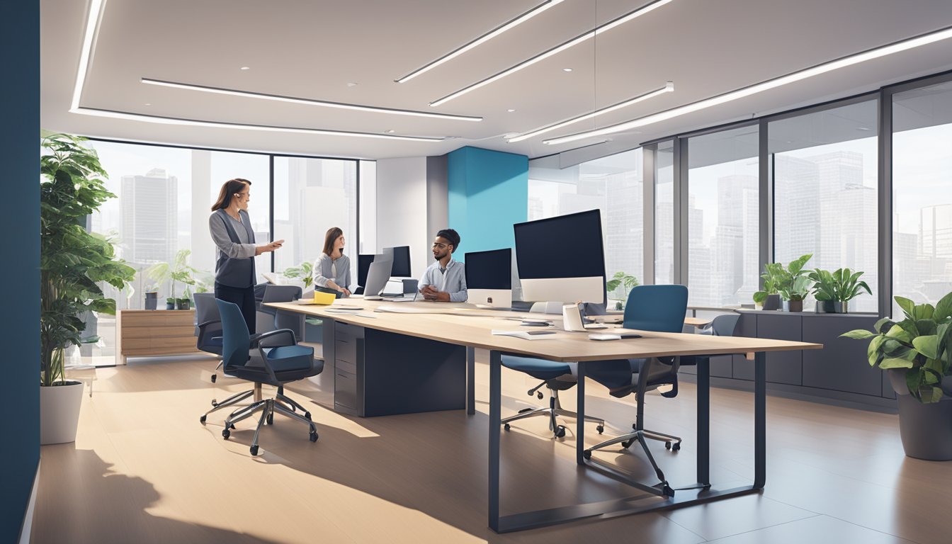 A modern office space with sleek furniture and updated technology. Blueprints and renovation plans are spread out on the table, while a team of professionals discuss the CIMB Renovation-i Financing Loan