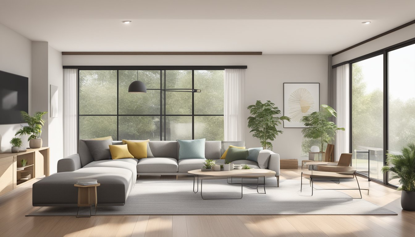 A modern, minimalist living room with clean lines, neutral colors, and natural light streaming in through large windows. A sleek, contemporary renovation loan calculator displayed on a digital device