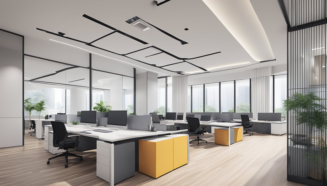 A modern office space with sleek furniture and vibrant accents, showcasing the progress of a CIMB Renovation-i Financing loan in Singapore