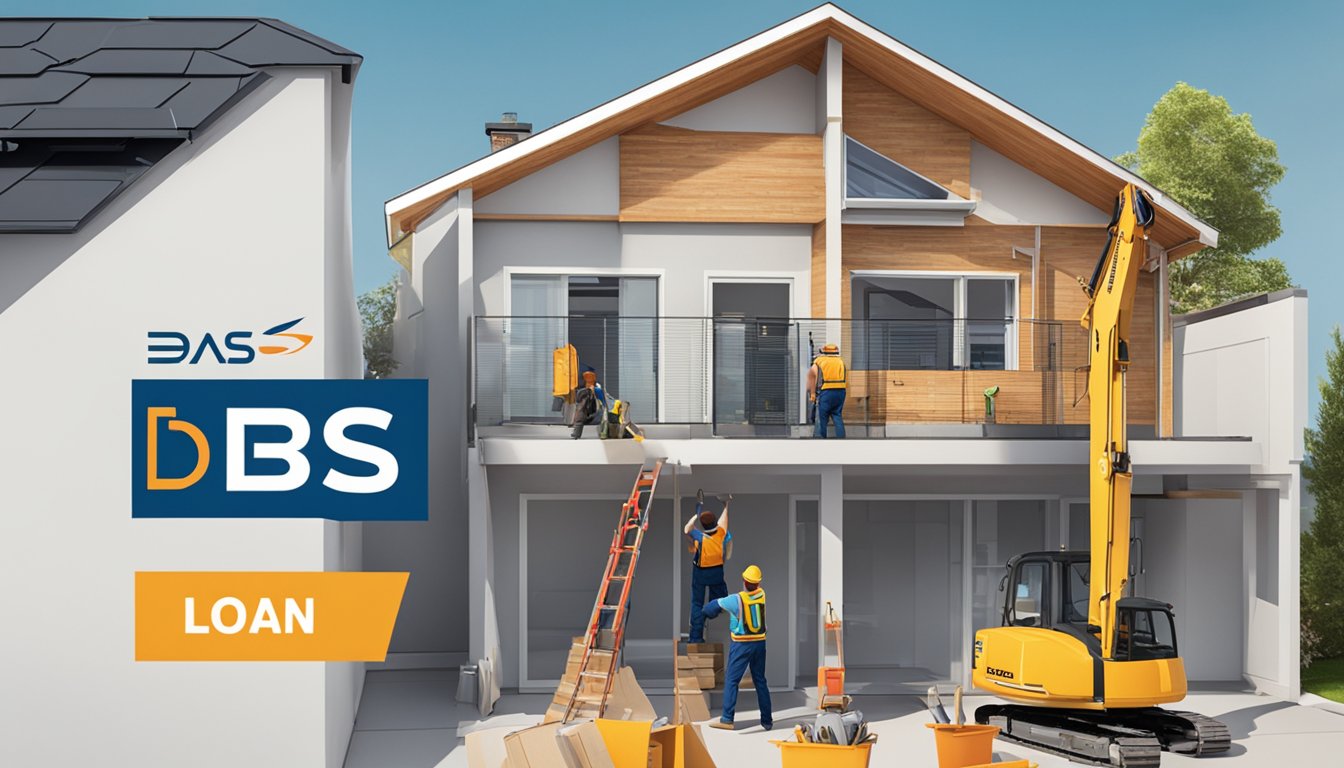 A modern home under renovation with workers and tools, showcasing the DBS Renovation Loan logo on a banner