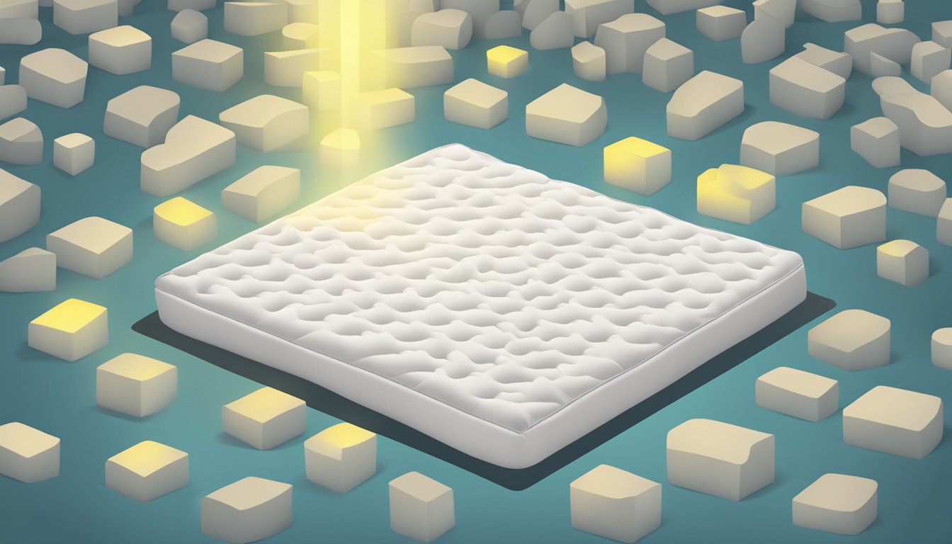 A king foam mattress surrounded by question marks, with a spotlight on it
