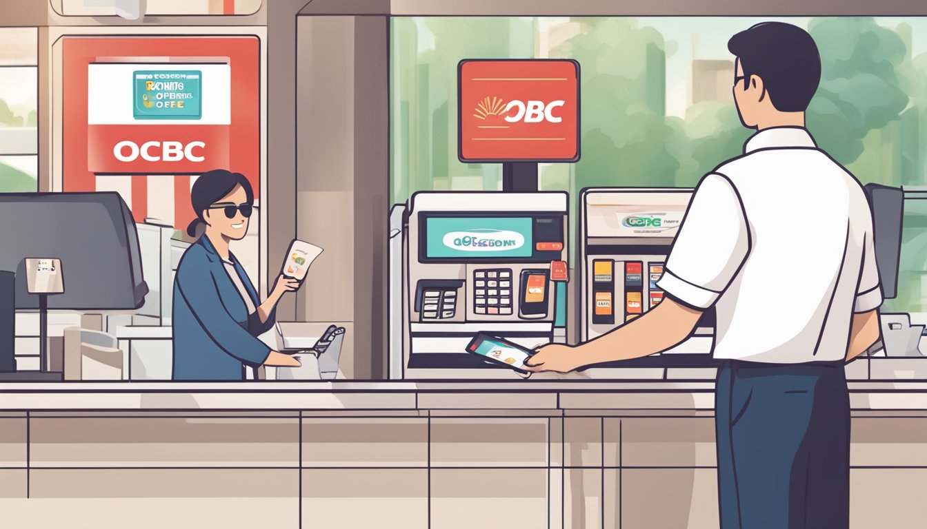 A customer swiping an OCBC card at a cash register with a sign displaying "Promotions and Offers" while another sign shows "How to Pay for OCBC Cash-on-Instalments" in the background