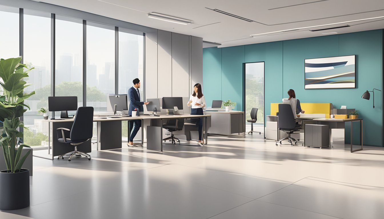 A modern office space with CIMB branding, sleek furniture, and a friendly staff assisting a customer with paperwork for a Renovation-i financing loan in Singapore