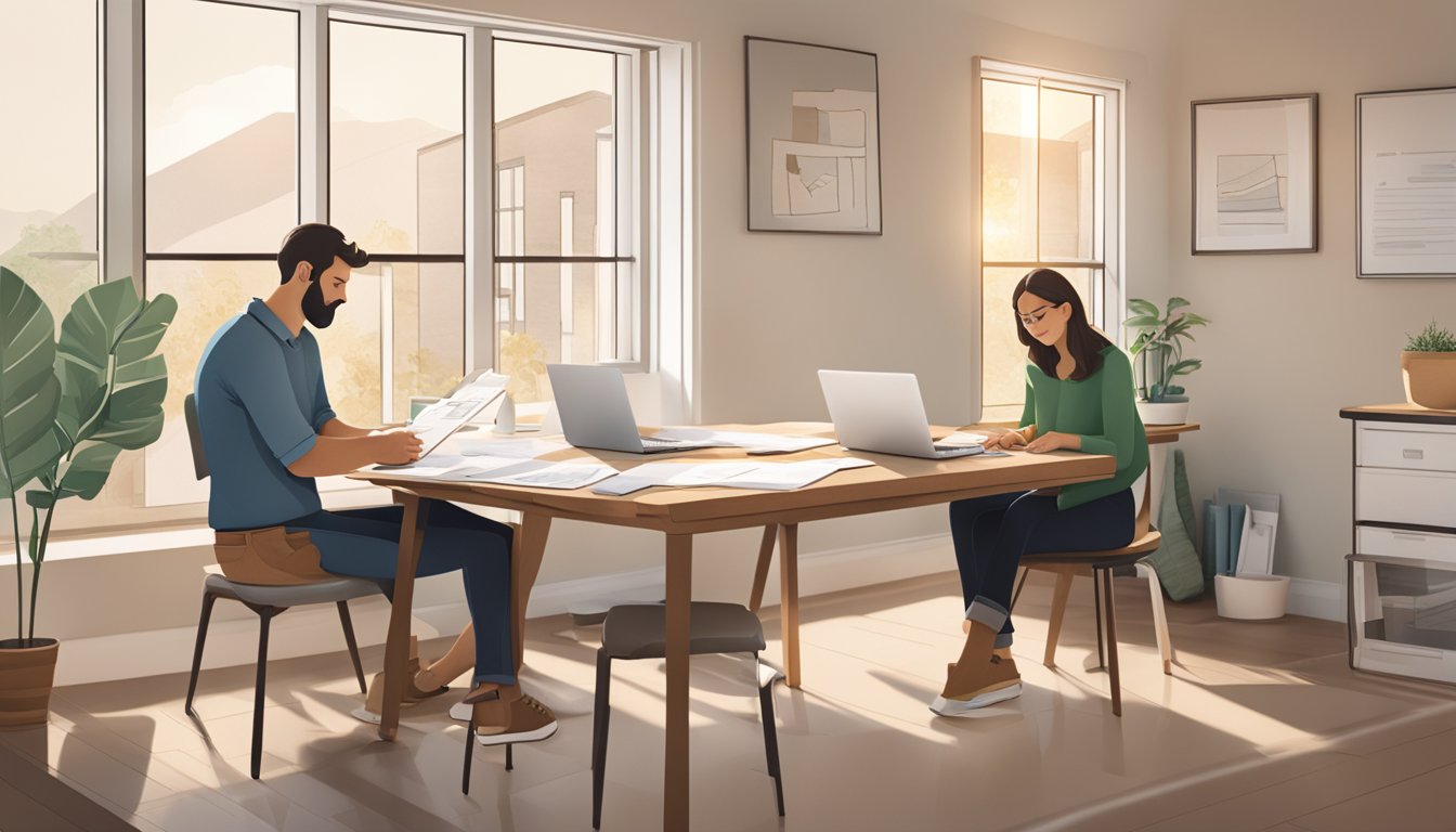 A couple sits at a table, reviewing paperwork for a renovation loan. A laptop displays the DBS logo, while architectural plans and financial documents are spread out. The room is filled with natural light, creating a warm and inviting atmosphere
