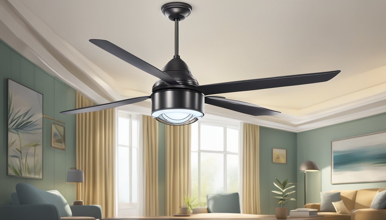 A small ceiling fan with a built-in light fixture hangs from the center of a room, its blades spinning gently in the air