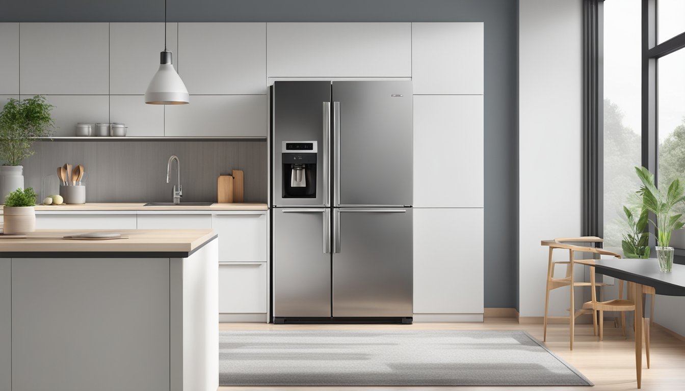 A stainless steel one-door fridge with a built-in ice maker stands against a white wall in a modern kitchen