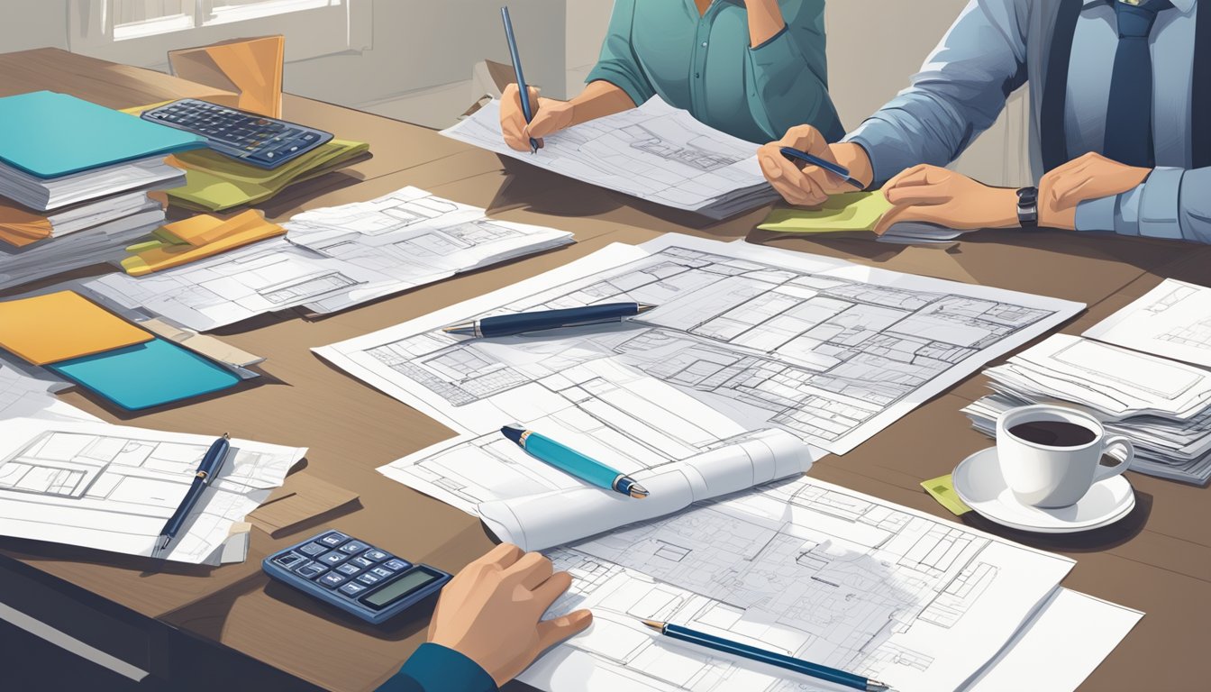 A couple sits at a table, reviewing paperwork for a renovation project. A calculator, pen, and loan documents are spread out in front of them. Blueprints and design ideas cover the table