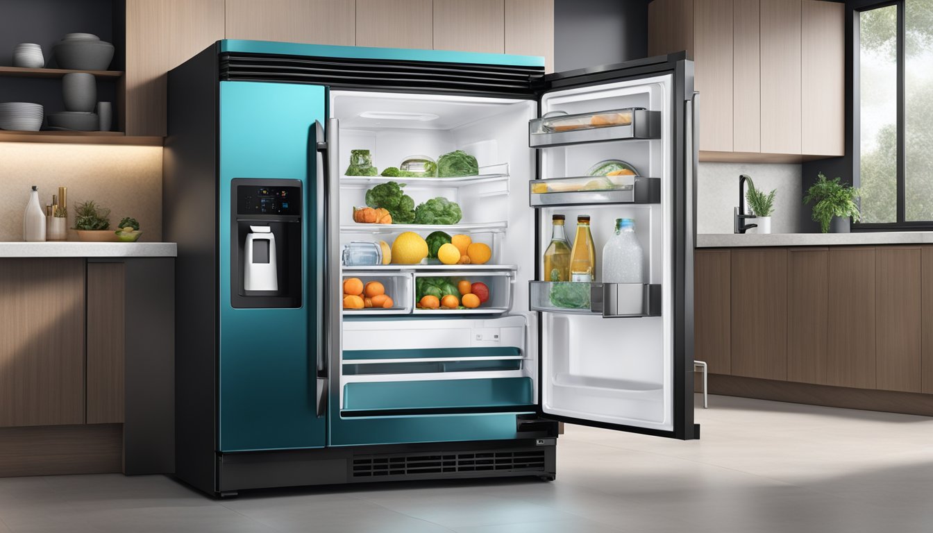 A sleek one-door fridge with a built-in ice maker, spacious interior, and energy-efficient design