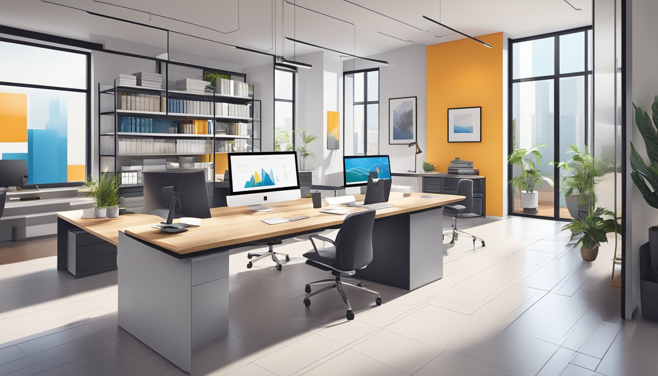 A sleek and modern office space with a focus on renovation and documentation, featuring clean lines, professional decor, and a sense of efficiency and productivity