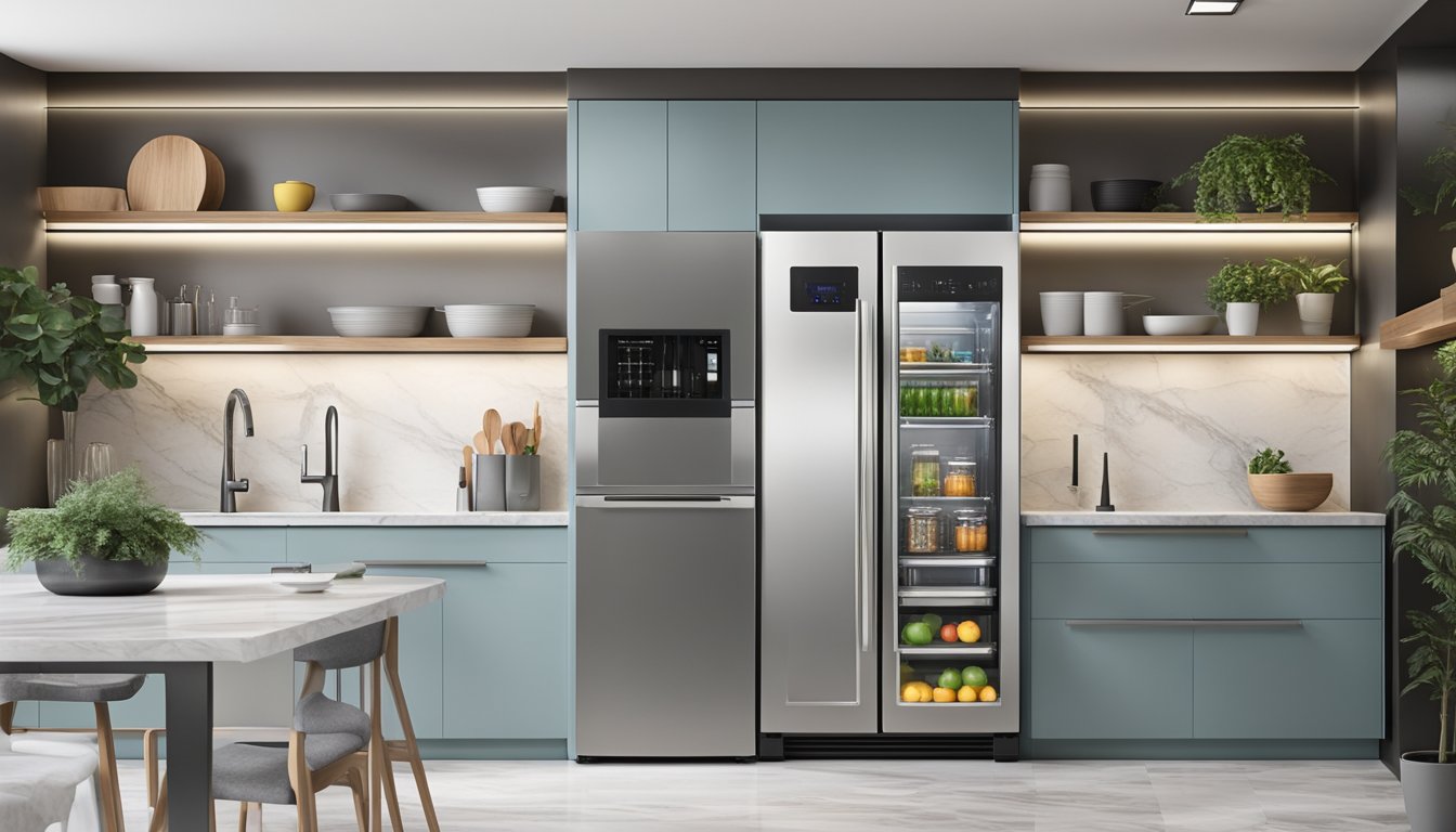 A sleek one door fridge with an ice maker stands in a modern kitchen, surrounded by stainless steel appliances and marble countertops