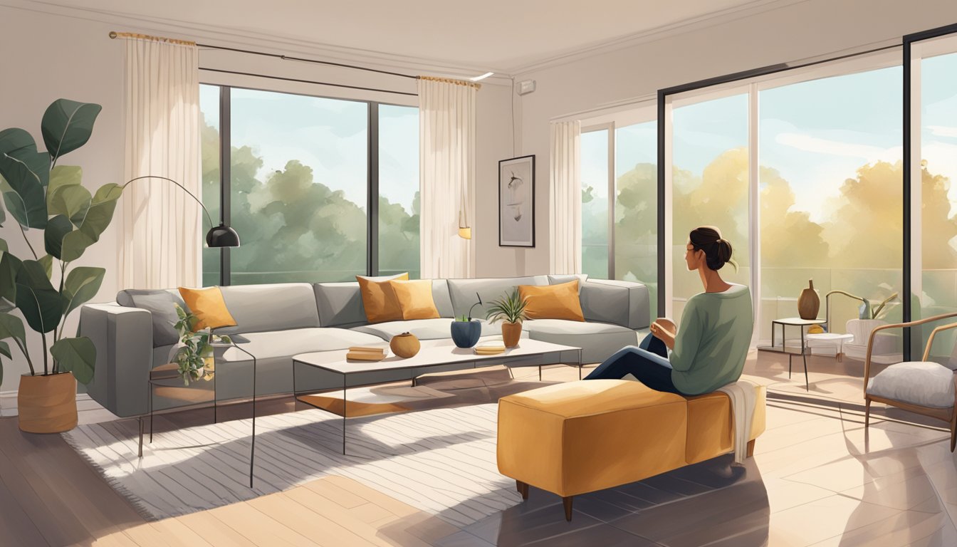 A couple sits in a newly renovated living room, admiring the modern design and stylish furnishings. The room is bathed in natural light, creating a warm and inviting atmosphere