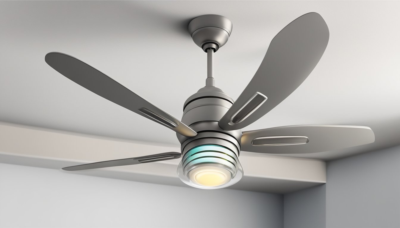 A small ceiling fan with a light is installed on a white ceiling. The fan blades are in motion, and the light is turned on