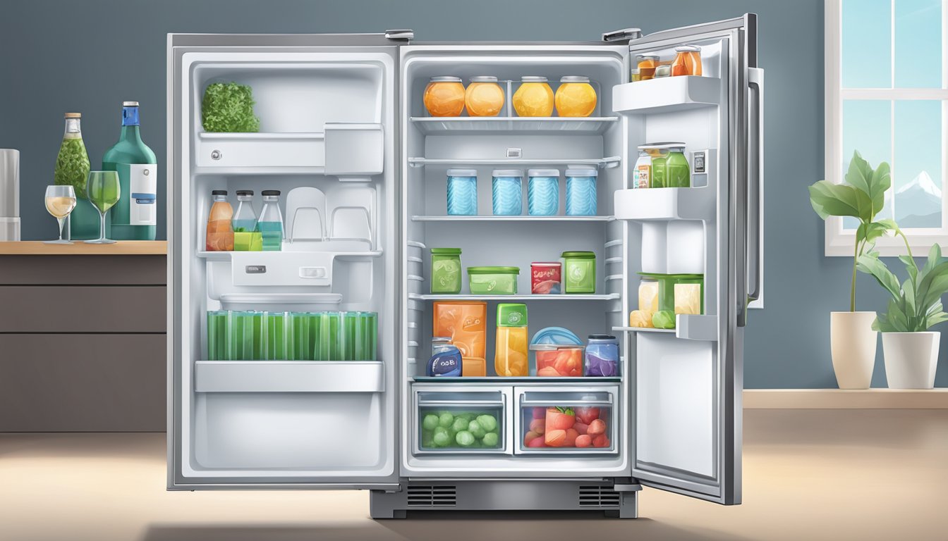 A sleek one-door fridge with an ice maker, featuring a clean, modern design and a prominent "Frequently Asked Questions" label