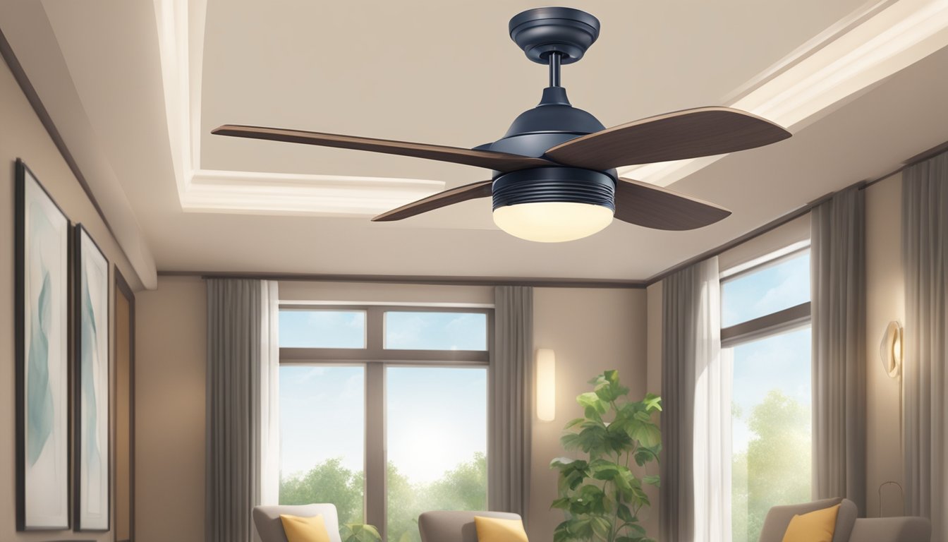 A small ceiling fan with a built-in light fixture spins quietly above a room, casting a soft glow and gently circulating the air