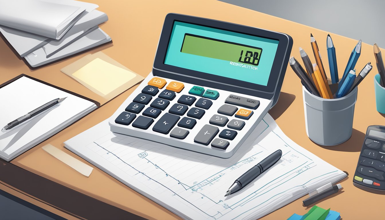 A calculator with the DBS Renovation Loan logo displayed on a clean, modern desk with a pen and paper nearby for notes