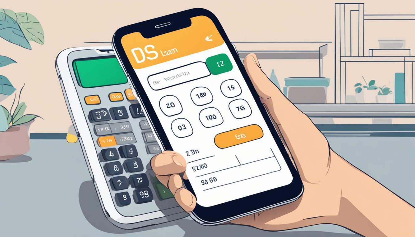 A person using a smartphone to access the DBS Renovation Loan calculator app in Singapore. The calculator is displayed on the screen, with the person's hand holding the phone