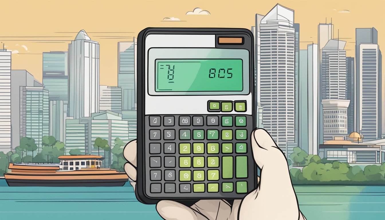 A calculator displaying the DBS Renovation Loan interface with the Singapore skyline in the background