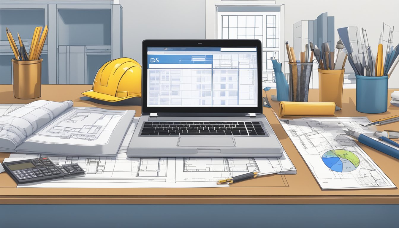 A calculator sits on a desk, surrounded by renovation tools and blueprints. A laptop displays the DBS logo in the background