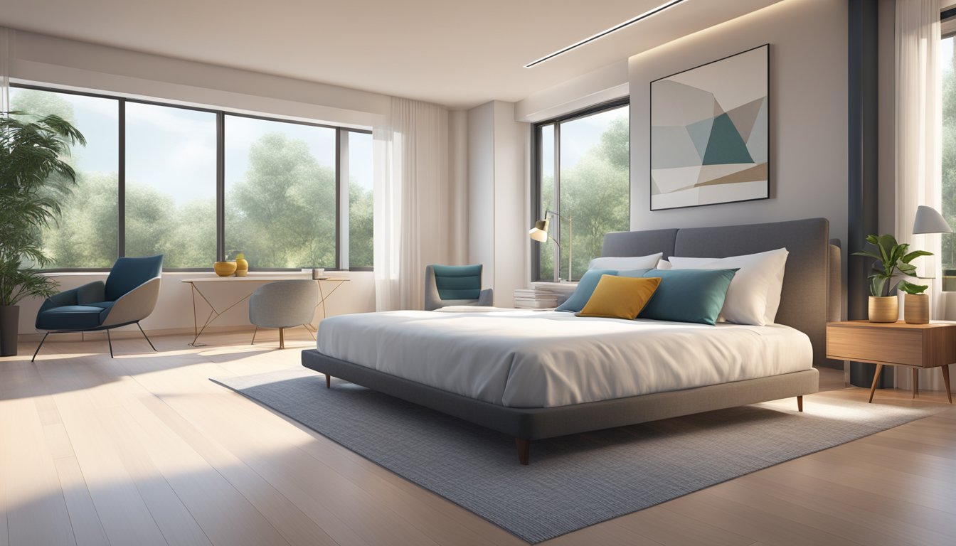 A sleek, modern room with clean lines and minimalist decor, illuminated by soft, natural light filtering through large windows