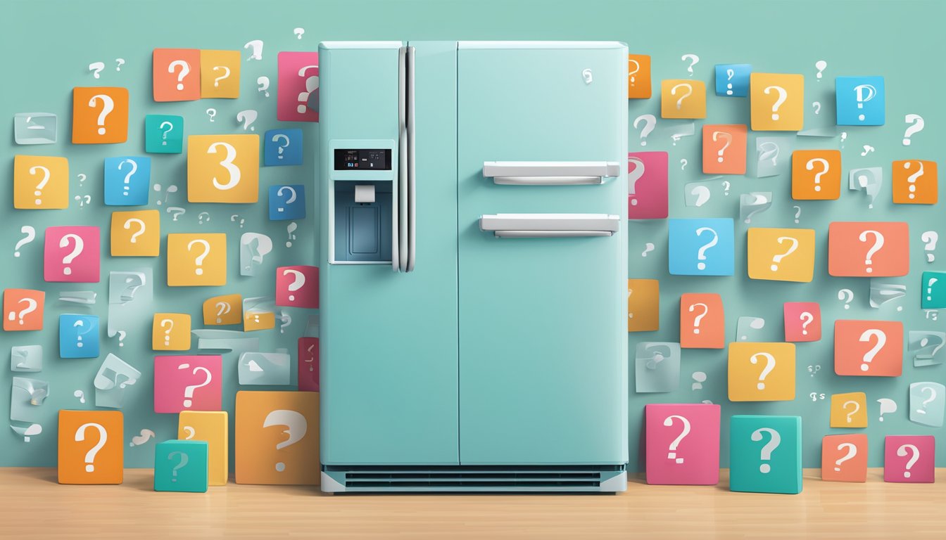 A fridge surrounded by question marks, with various brand logos floating above it