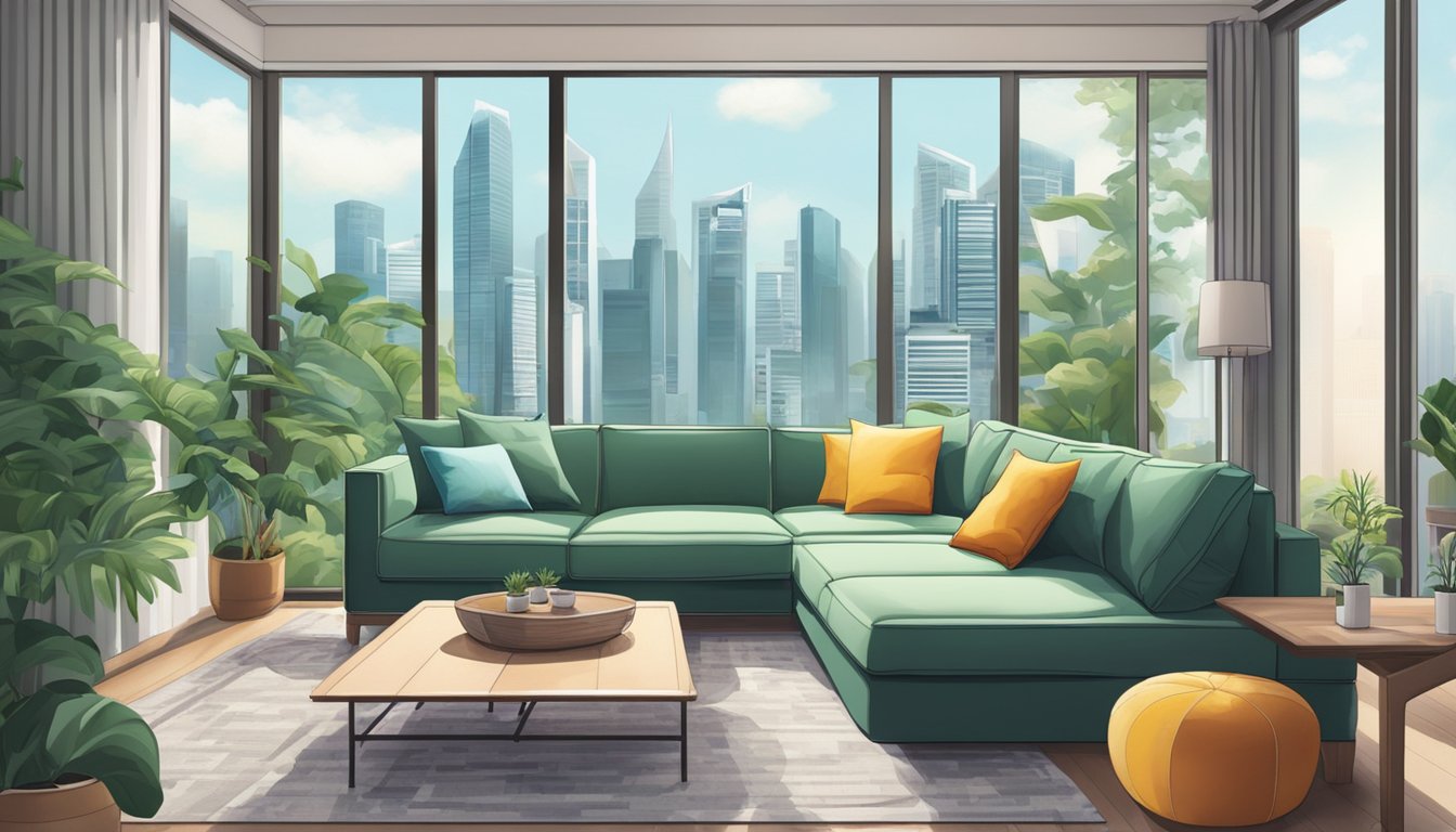 A small sofa in a cozy Singapore living room, adorned with colorful cushions, sits against a backdrop of lush green plants and a view of the city skyline