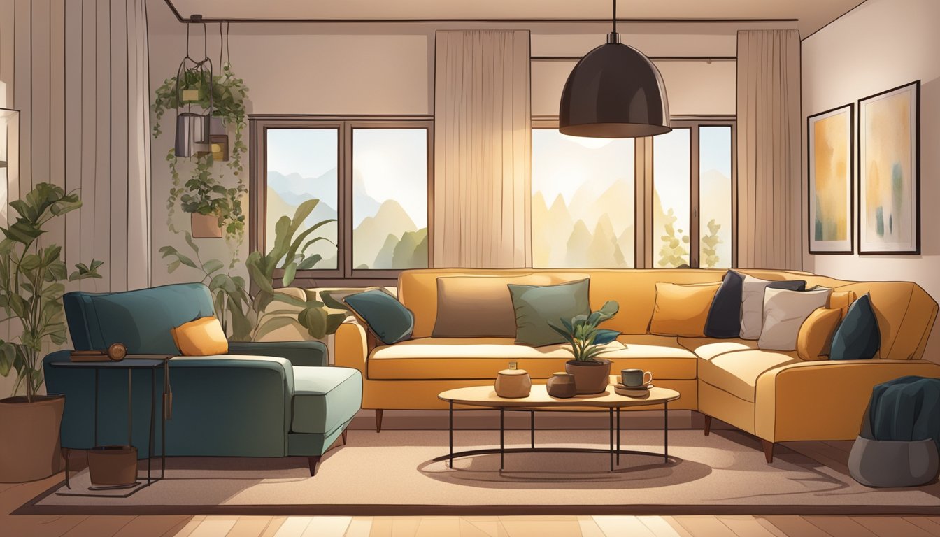 A cozy living room with a small sofa nestled in a corner, surrounded by warm lighting and stylish decor