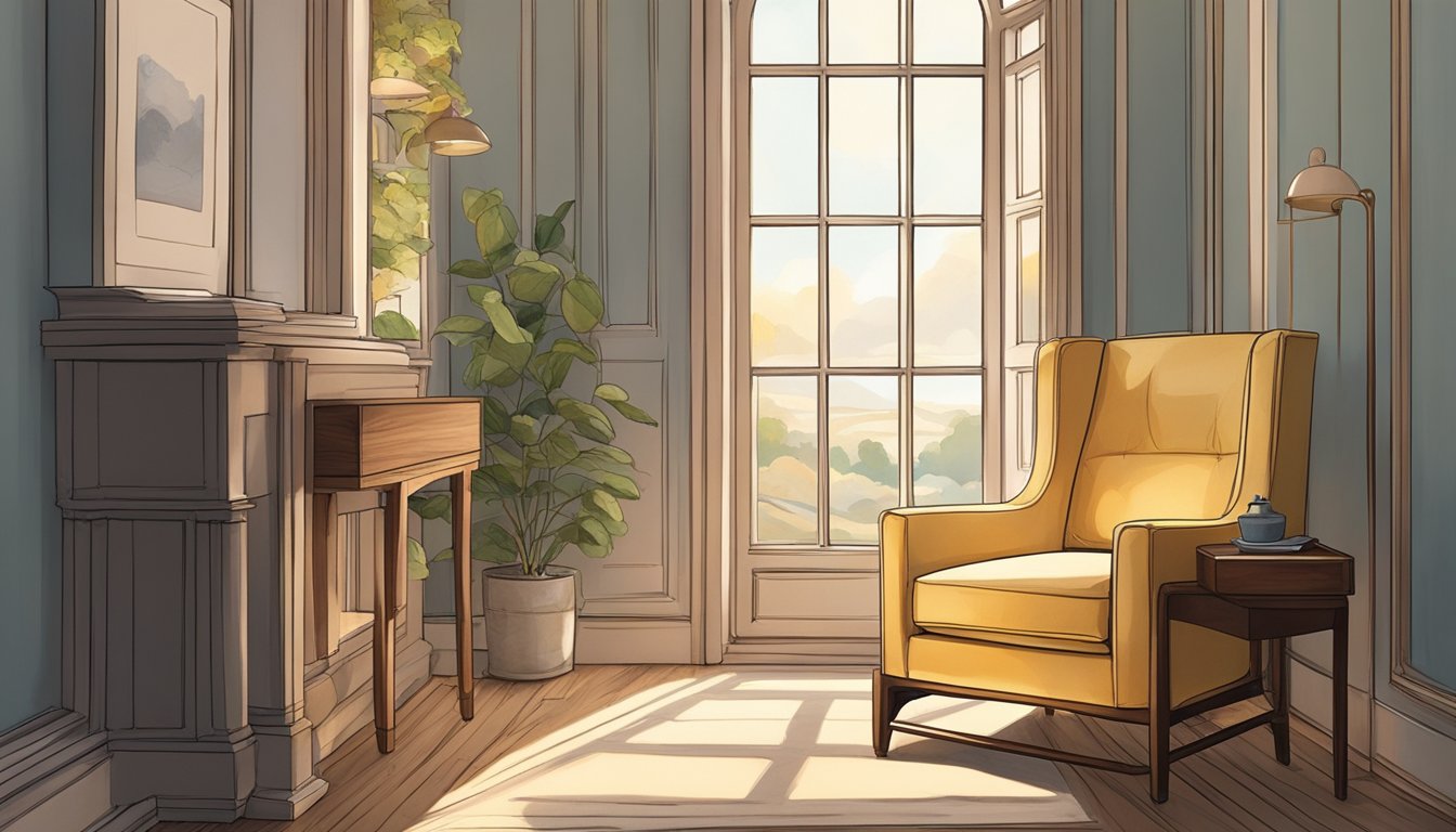 A wooden armchair sits in a cozy corner, bathed in warm sunlight from a nearby window. The chair's smooth, polished surface gleams, and its sturdy frame exudes a sense of timeless comfort