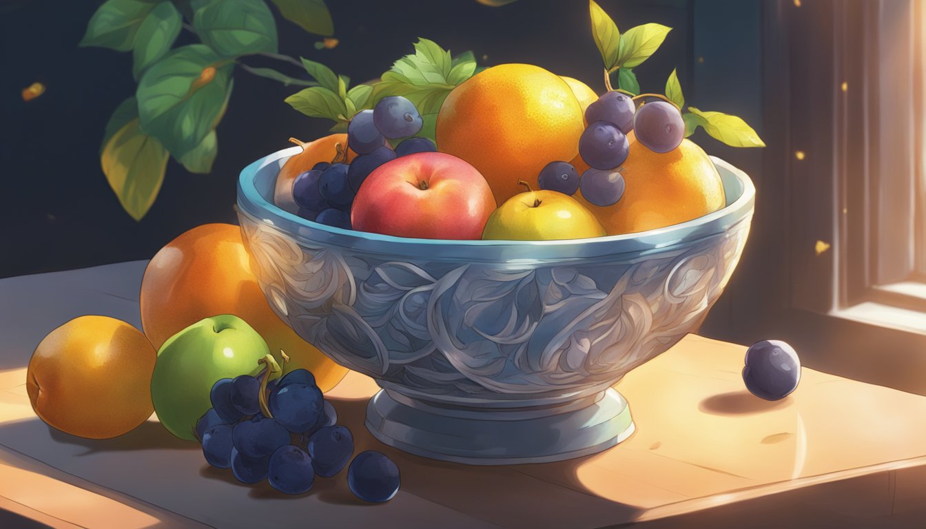 A still life of a bowl of fruit with realistic textures and lighting, capturing the details of each individual piece