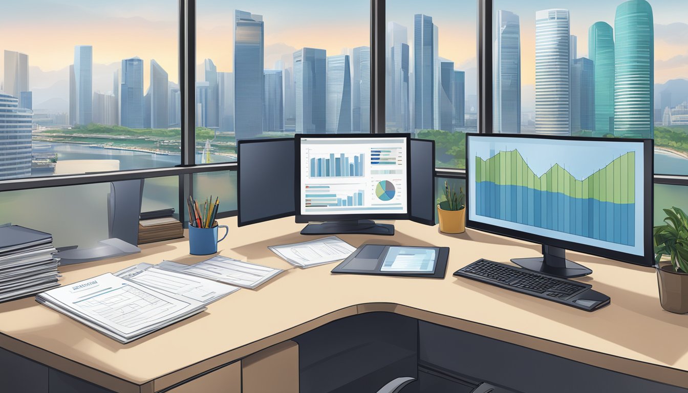 An office setting with a calculator, financial reports, and a salary survey displayed on a computer screen. The Singapore skyline visible through the window