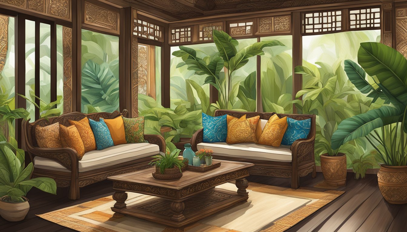 A cozy living room with traditional Balinese home decor, featuring intricate wood carvings, vibrant batik textiles, and lush green plants