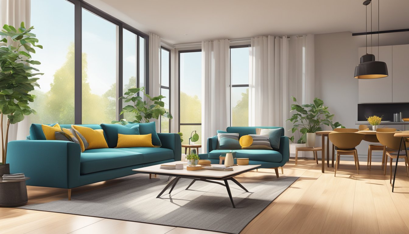A modern living room with sleek furniture and vibrant decor, bathed in natural light from large windows