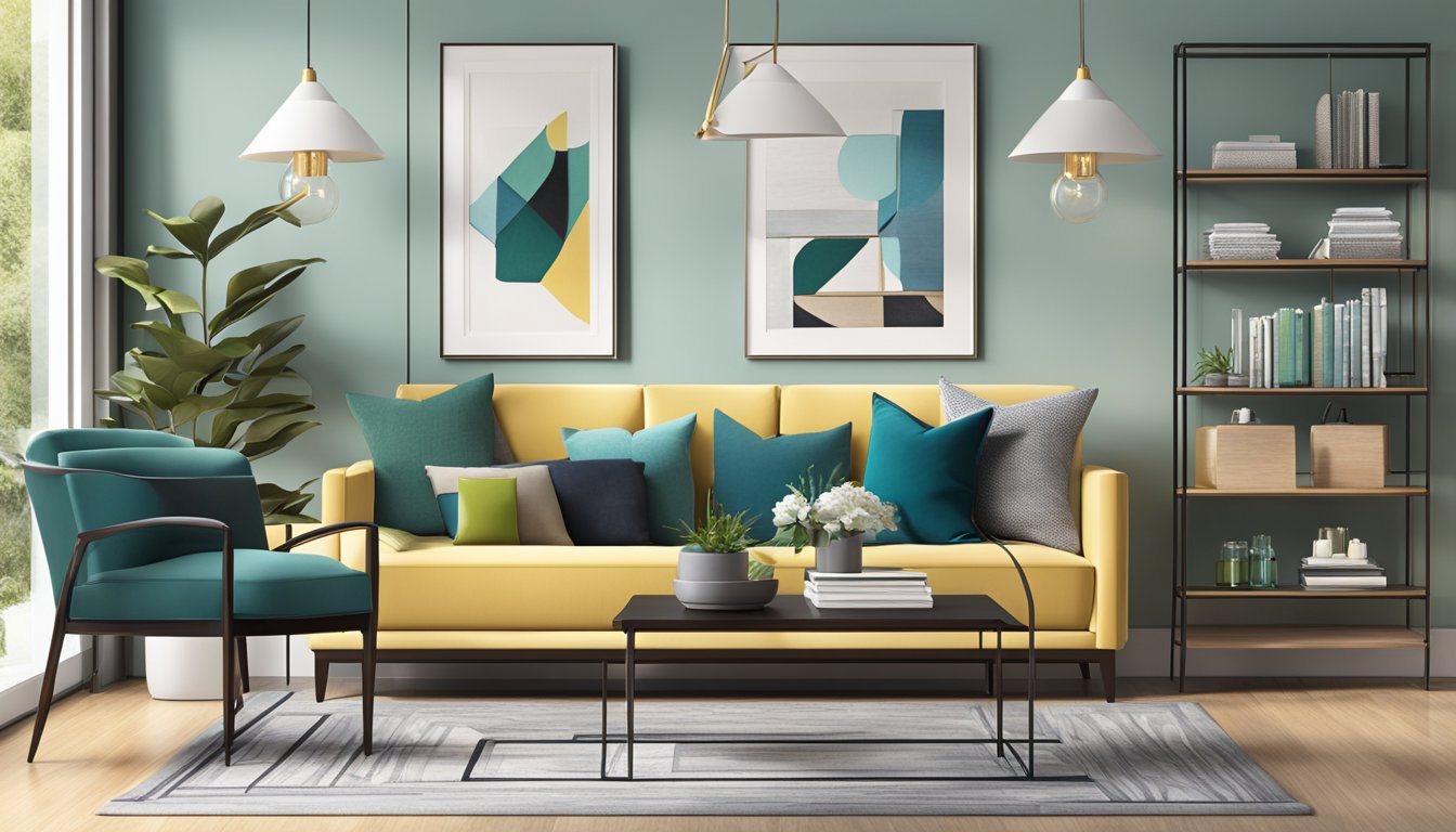A sleek, modern interior design display featuring organized shelves, stylish furniture, and vibrant decor