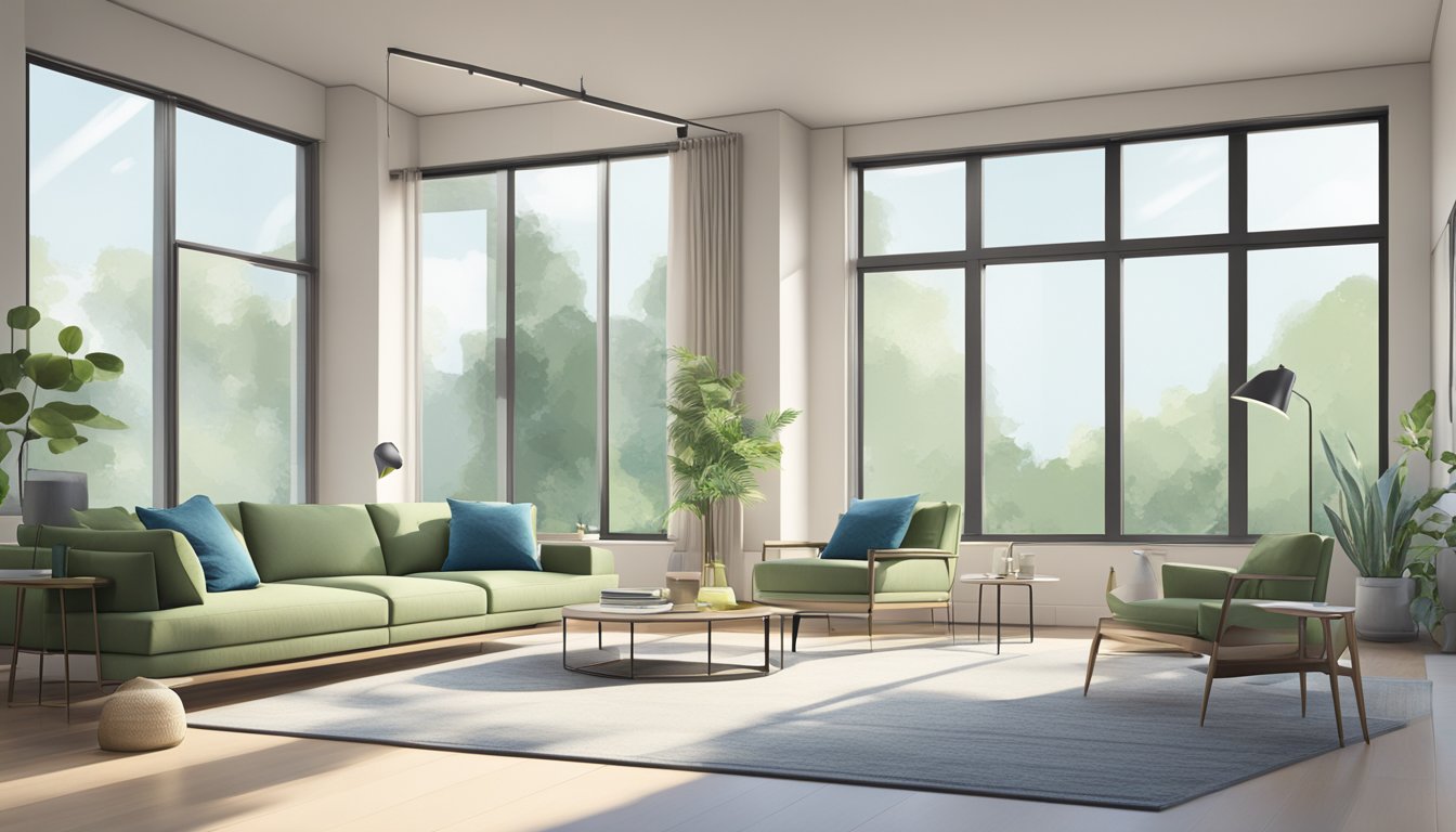 A spacious, modern living room with minimalist furniture and large windows, allowing natural light to fill the room. A neutral color palette with pops of green and blue accents