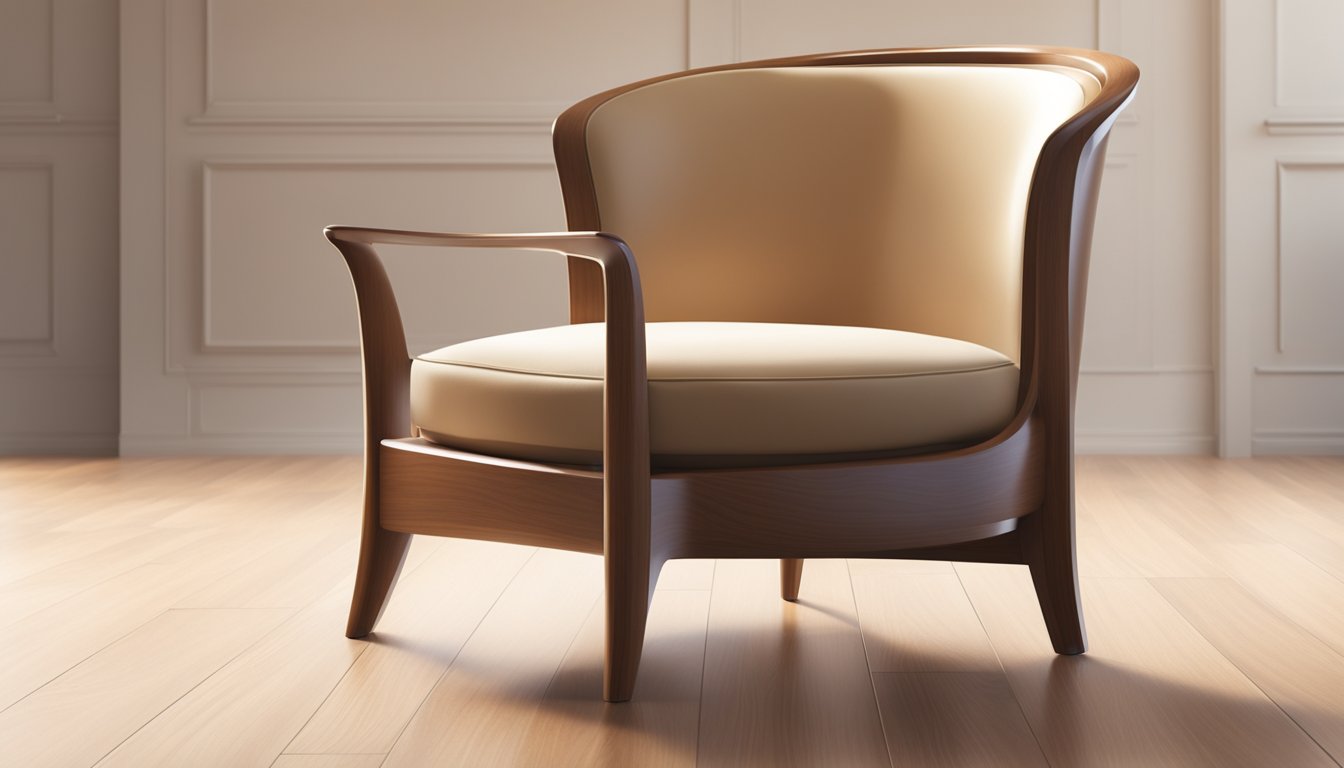 A sleek wooden armchair sits in a well-lit room, its curved lines and smooth finish exuding a sense of elegance and comfort