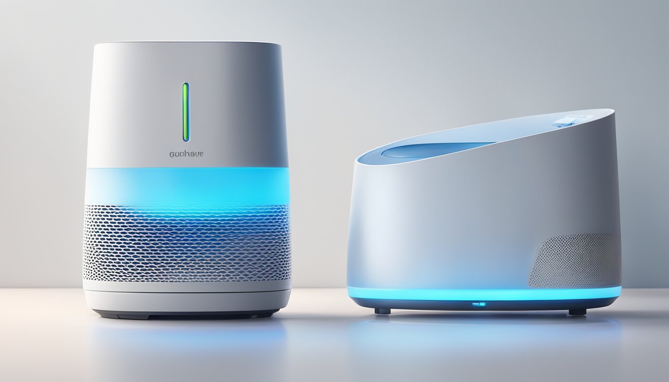 An air purifier and a humidifier sit side by side on a clean, white surface, with the air purifier emitting a soft blue light and the humidifier releasing a gentle mist