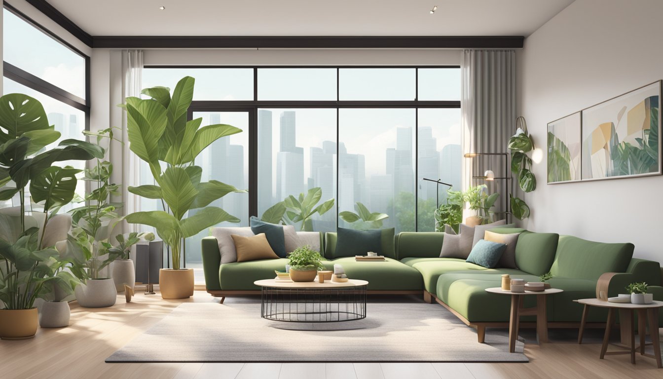 A cozy Singapore HDB living room with modern furniture and green plants, filled with natural light from large windows