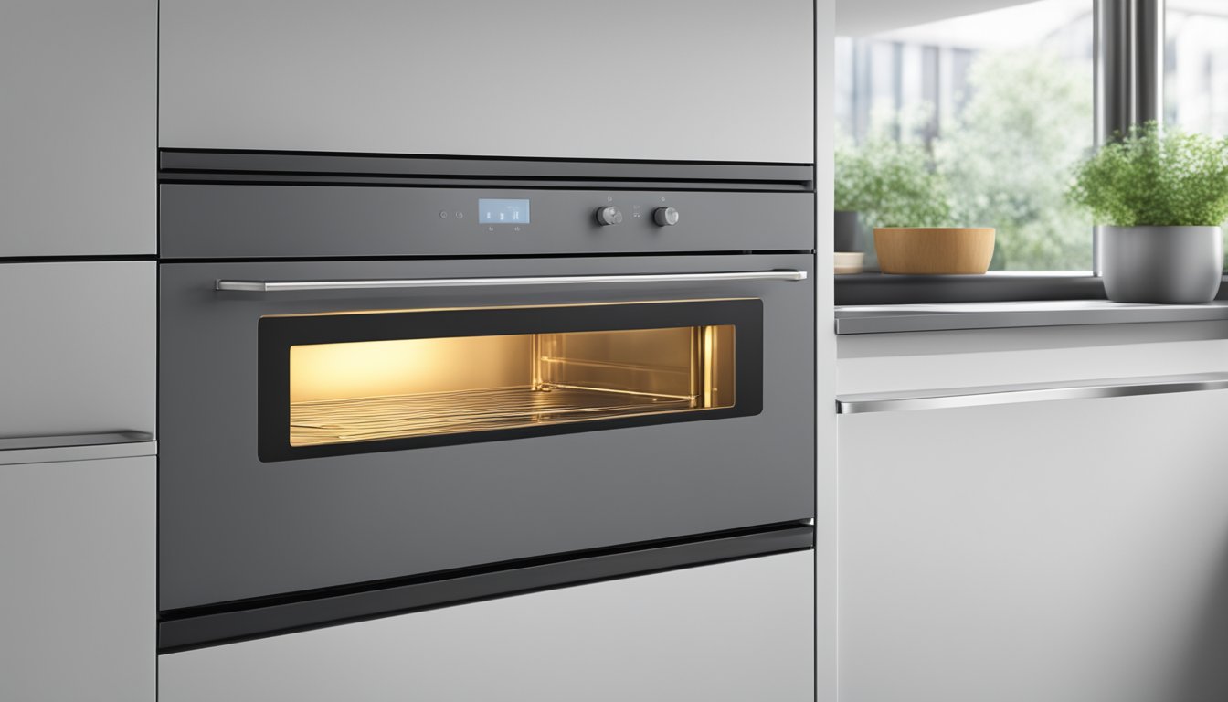 A modern baking oven in a clean, well-lit kitchen, with sleek stainless steel surfaces and digital controls