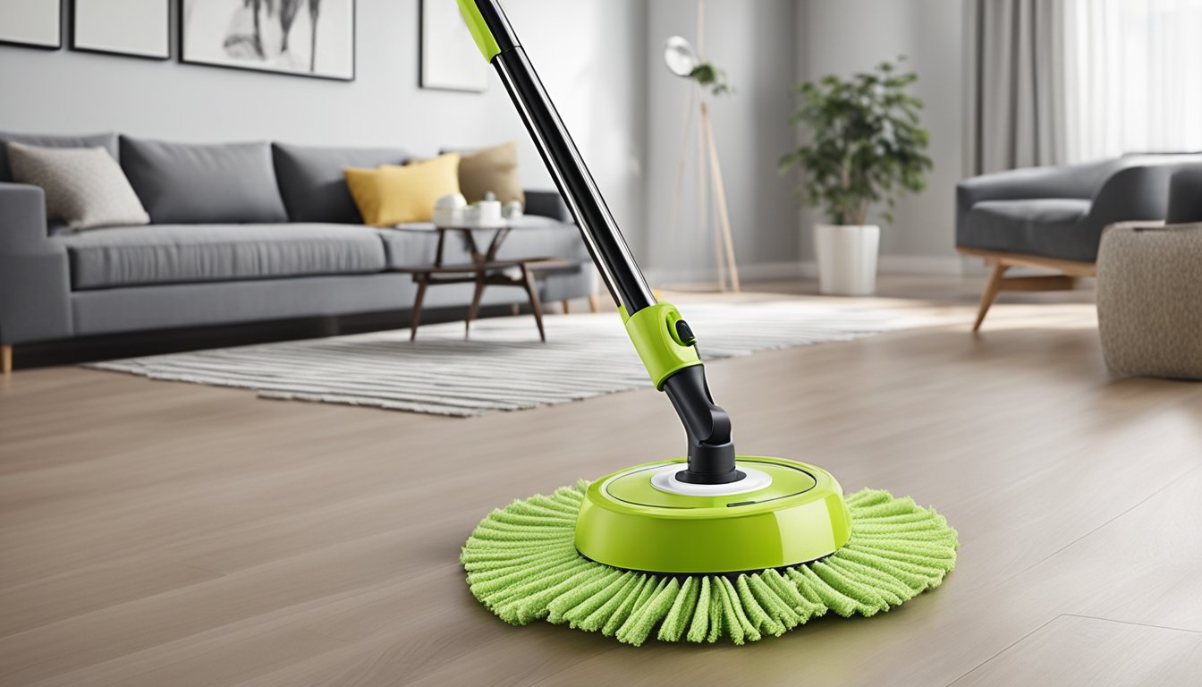 A spin mop with innovative features, such as a 360-degree rotating head and adjustable handle, is being demonstrated in a clean and spacious room