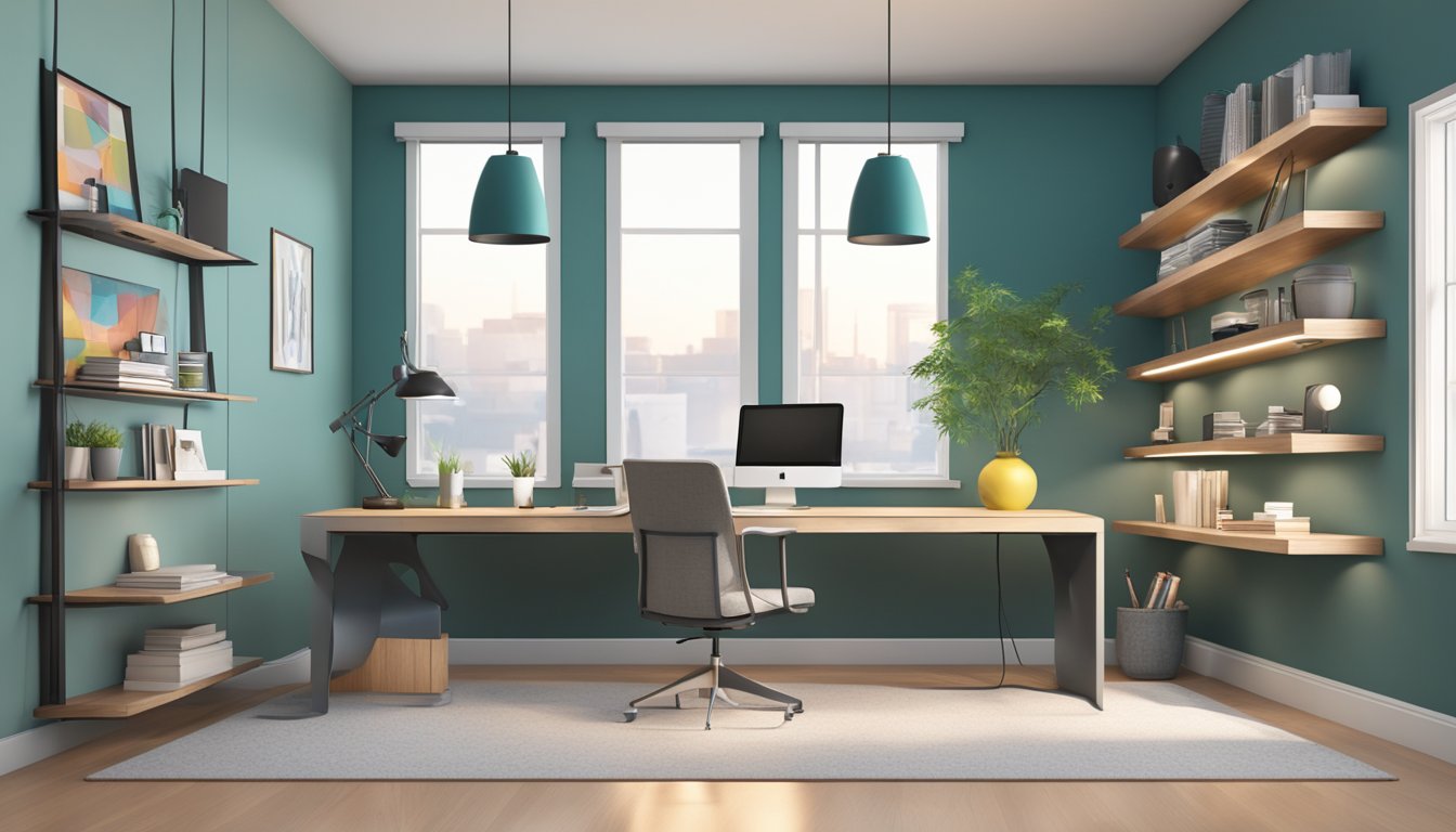 Sleek, modern desk with adjustable standing feature. Stylish ergonomic chair. Floating shelves with minimalist decor. Statement lighting fixtures. Vibrant accent wall