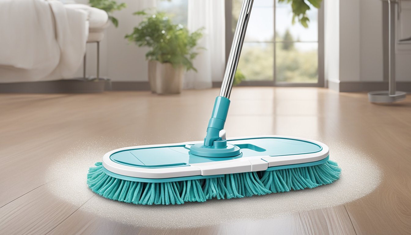 A spin mop glides effortlessly across a sparkling floor, leaving behind a trail of cleanliness. The handle is adjustable, and the microfiber mop head easily traps dirt and grime, making cleaning a breeze