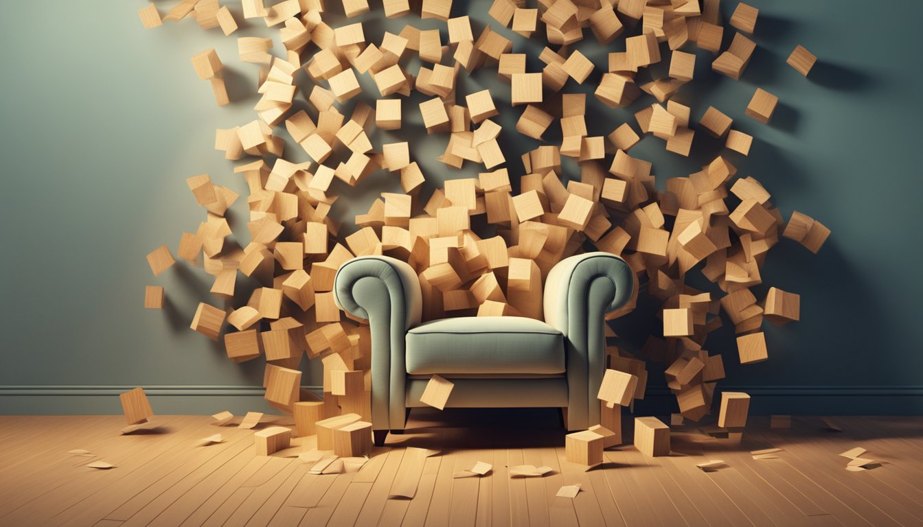 A wooden armchair surrounded by floating question marks, with a spotlight shining down on it